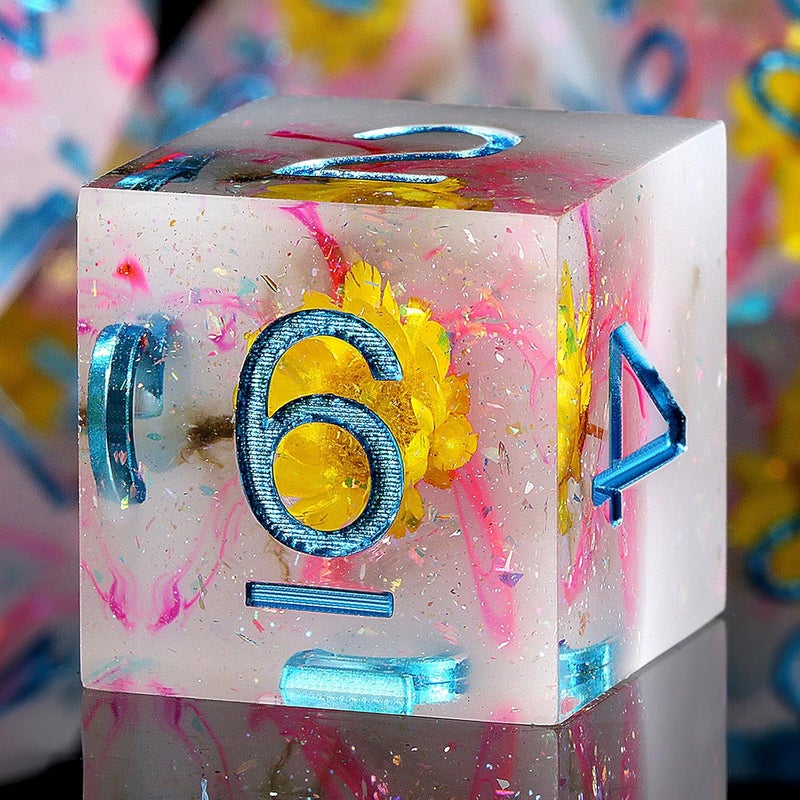 DNDND Resin DND Dice Set Handmade Flower Sharp Edge D&D Die with Gift Case for D&D Dungeons and Dragon Tabletop Games (Chrysanthemum) - Image 1